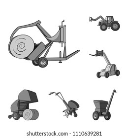 Agricultural machinery monochrome icons in set collection for design. Equipment and device vector symbol stock web illustration.