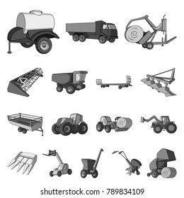 Agricultural machinery monochrome icons in set collection for design. Equipment and device vector symbol stock web illustration.