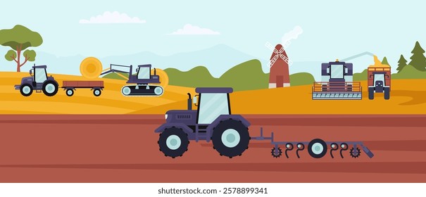 Agricultural machinery operating in a farm field, featuring a tractor plowing, a bulldozer moving hay bales, and a combine harvester unloading grain, with a windmill in the background