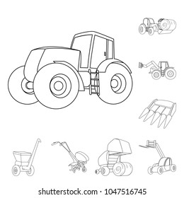 Agricultural machinery outline icons in set collection for design. Equipment and device vector symbol stock web illustration.