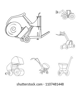 Agricultural machinery outline icons in set collection for design. Equipment and device vector symbol stock web illustration.