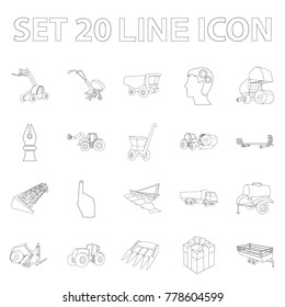 Agricultural machinery outline icons in set collection for design. Equipment and device vector symbol stock web illustration.