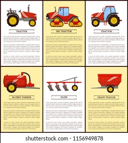 Agricultural machinery set cartoon vector banner. Small compact, big with cabin and caterpillar band tractors, grain trailer, slurry tanker and plow