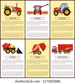 Agricultural machinery set, cartoon vector banner. Combine and loader, small compact and big tractor, grain trailer and baler, equipment isolated
