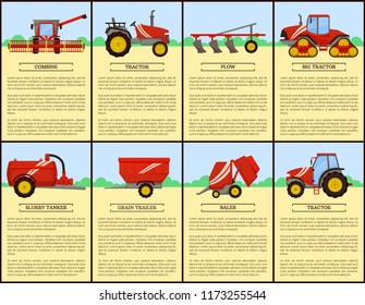 Agricultural machinery set cartoon vector banner. Combine and plow, small compact and big tractors, slurry tanker and baler, grain trailer poster