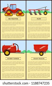 Agricultural machinery set cartoon vector banner. Big tractor with caterpillar band and plow, grain trailer and slurry tanker, isolated technique