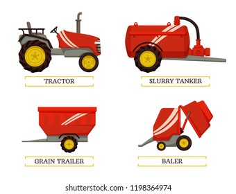 Agricultural machinery set, cartoon vector banner. Small compact tractor and slurry tanker, grain trailer and baler, new technique, equipment isolated