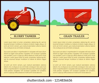 Agricultural machinery set cartoon vector banner. Grain trailer and slurry tanker, isolated new technique and farming equipment poster, text sample