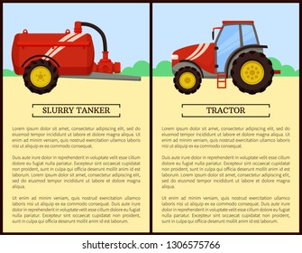 Agricultural machinery set cartoon vector banner. Middle tractor with cabin and slurry tanker, isolated new technique and farming equipment poster