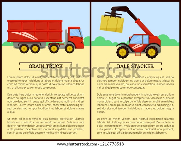Agricultural machinery set cartoon vector banner.\
Grain truck with trailer and bale stacker with stack of hay, new\
equipment, farming technique\
poster