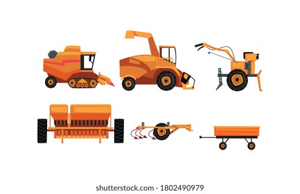 Agricultural Machinery Set, Farm Vehicles for Land Agricultural Processing Flat Style Vector Illustration