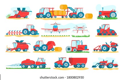 Agricultural machinery set of isolated on white vector illustrations. Agriculture vehicles and farm machines. Tractors, harvesters, combines. Farming and agribusiness of crop and harvest equipment.