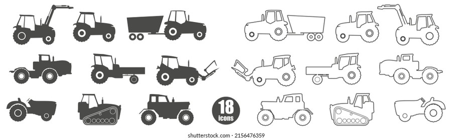 Agricultural Machinery Set. Vehicle For Field Farm Work. Isolated Industrial Tractor Transport Icon Collection.