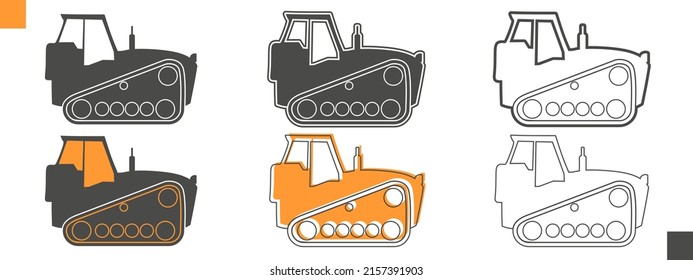Agricultural machinery set. Vehicle for field farm work. Isolated industrial tractor transport icon collection. Different variants of the same tractor icon.