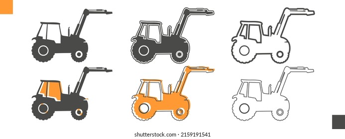 Agricultural machinery set. Vehicle for field farm work. Isolated industrial tractor transport icon collection. Different variants of the same tractor icon.