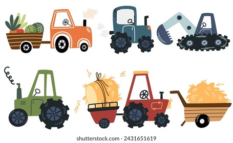 Agricultural machinery set. Vehicle for field agricultural work. Industrial tractor, harvester, harvester, another, sewing machine for transporting. Agriculture and agricultural. Vector illustration.