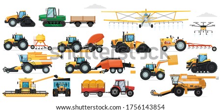 Agricultural machinery set. Vehicle for field farm work. Isolated industrial tractor, harvester, combine, crop duster, seeding machine transport icon collection. Agriculture and agricultural machinery Stockfoto © 