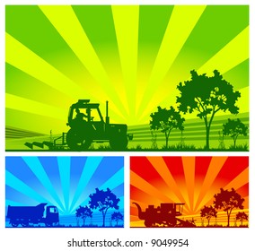 Agricultural machinery, tractor, combine, lorry in field