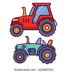  Agricultural machinery tractor.Line art cartoon vector illustration.Hand drawn illustration.Farming transport vehicle. Isolated on white background.Construction machine.

