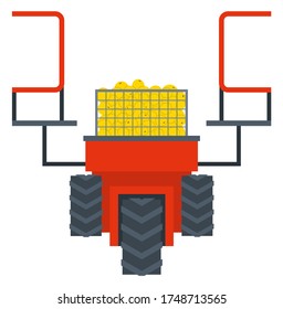 Agricultural machinery vector, isolated machine for harvesting and picking apples. Lifter with wheels and platform to stand, container with fruits apples. Harvest platform for pick organic products