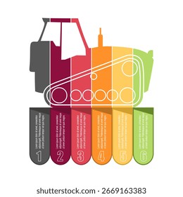 Máquinas agrícolas. Veículo para trabalho agrícola no terreno. Ícone de transporte trator industrial com seis características ou opção de projeto para selecionar. Infográfico para visualização de informações de negócios.