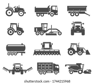 Agricultural machinery, vehicles black silhouette icons set isolated on white. Farming equipment, autos pictograms collection. Cultivation, irrigation tools vector elements for infographic, web.