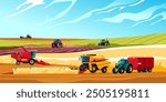 Agricultural machinery work field. Industrial agriculture harvesting, farm transport truck balers tillage combine machine seeding wheat on crop, cartoon recent vector illustration original artwork