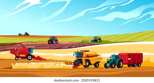 Agricultural machinery work field. Industrial agriculture harvesting, farm transport truck balers tillage combine machine seeding wheat on crop, cartoon recent vector illustration original artwork