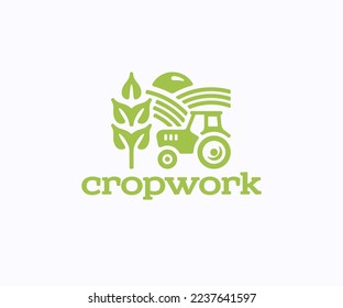 Diseño del logotipo de la maquinaria agrícola. Campo de cultivo agrícola, preparación del diseño de vectores de tierra. Diseño gráfico de la agricultura en el campo del trigo