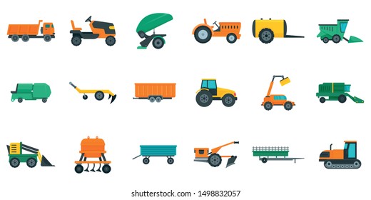 Agricultural machines icons set. Flat set of agricultural machines vector icons for web design