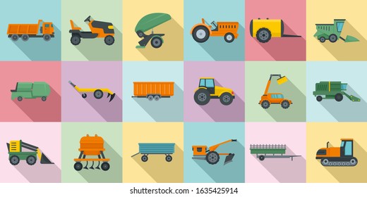 Agricultural machines icons set. Flat set of agricultural machines vector icons for web design