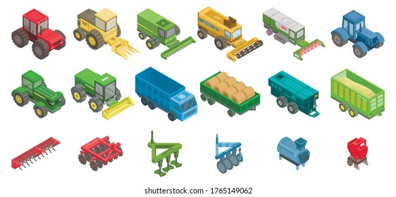 Agricultural machines icons set. Isometric set of agricultural machines vector icons for web design isolated on white background
