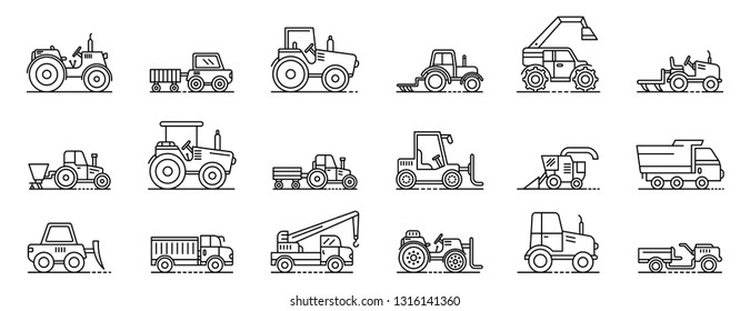 Agricultural machines icons set. Outline set of agricultural machines vector icons for web design isolated on white background