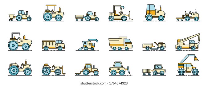Agricultural machines icons set. Outline set of agricultural machines vector icons thin line color flat isolated on white