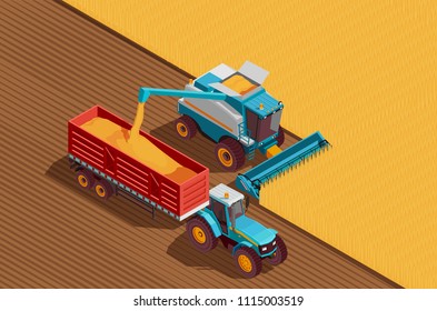 Agricultural machines isometric background with grain and harvest symbols vector illustration svg