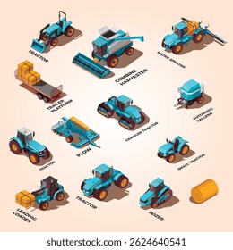 Agricultural Machines Isometric Flowchart fertilizer plantation dirt outdoor nature heavy engine growing collection