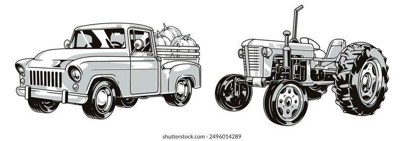 Agricultural machines set stickers monochrome with pickup car in vintage style and open tractor for harvesting vector illustration