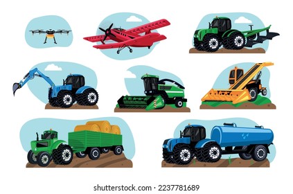 Agricultural machines transport set of flat isolated vehicles with tractors excavators and combine harvesters with airplanes vector illustration