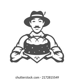 Agricultural male fresh baking village rustic bread circle cake pie black silhouette vintage icon vector illustration. Organic homemade bakery food natural grain flour delicious rural rye healthy loaf
