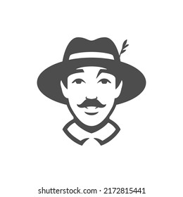 Agricultural male in hat with straw and mustache head black silhouette monochrome vintage icon vector illustration. Man farmer portrait industrial worker rustic harvest countryside farm market