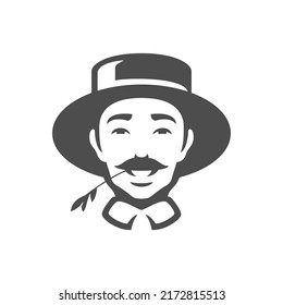 Agricultural man head with straw in mouth monochrome vintage icon vector illustration. Smiling countryside male agronomist harvest cultivation farm worker organic garden industrial production