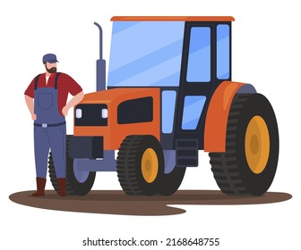 Agricultural man tractor driver standing near transportation vector flat illustration. Farm male worker heavy manufacturing machinery truck transport. Industrial vehicle agrimotor rural equipment