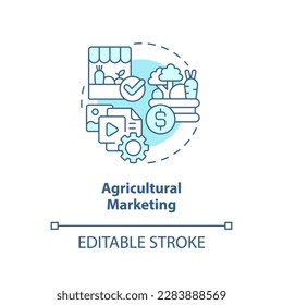 Agricultural marketing turquoise concept icon. Products. Farming business subsidy abstract idea thin line illustration. Isolated outline drawing. Editable stroke. Arial, Myriad Pro-Bold fonts used