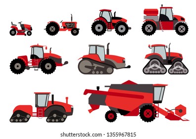 Agricultural mechanization flat icons. Set of different types of agricultural vehicles and machines harvesters, combines and excavators. Icon set of working machines. 