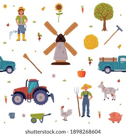 Agricultural Objects Seamless Pattern, Agriculture, Gardening and Farming Background, Textile, Packaging, Wallpaper, Wrapping Paper Vector Illustration