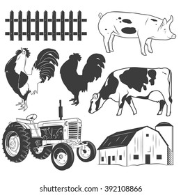 Agricultural objects vector set isolated on white background. Farming labels, design elements, icons. Tractor, farm animals, cow, pig, farmhouse.