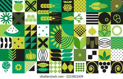 Agricultural pattern of fruits, berries, vegetables, ears, farm products in the Bauhaus style. Abstract background of organic agricultural vegetarian food and simple shapes