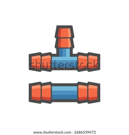 Agricultural PE pipe fitting vector icon, illustrating connection of PE pipe and hose joint by friction. Used in irrigation systems, water supply lines and smart farming technology.