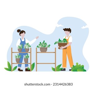 Agricultural people planting,  farming people illustration cartoon, organic farming icon, harvesting