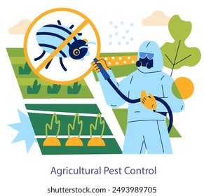 Agricultural Pest Control concept. A person in protective gear applies treatment to crops against insect pests. Farmer ensuring healthy plant growth. Vector illustration.